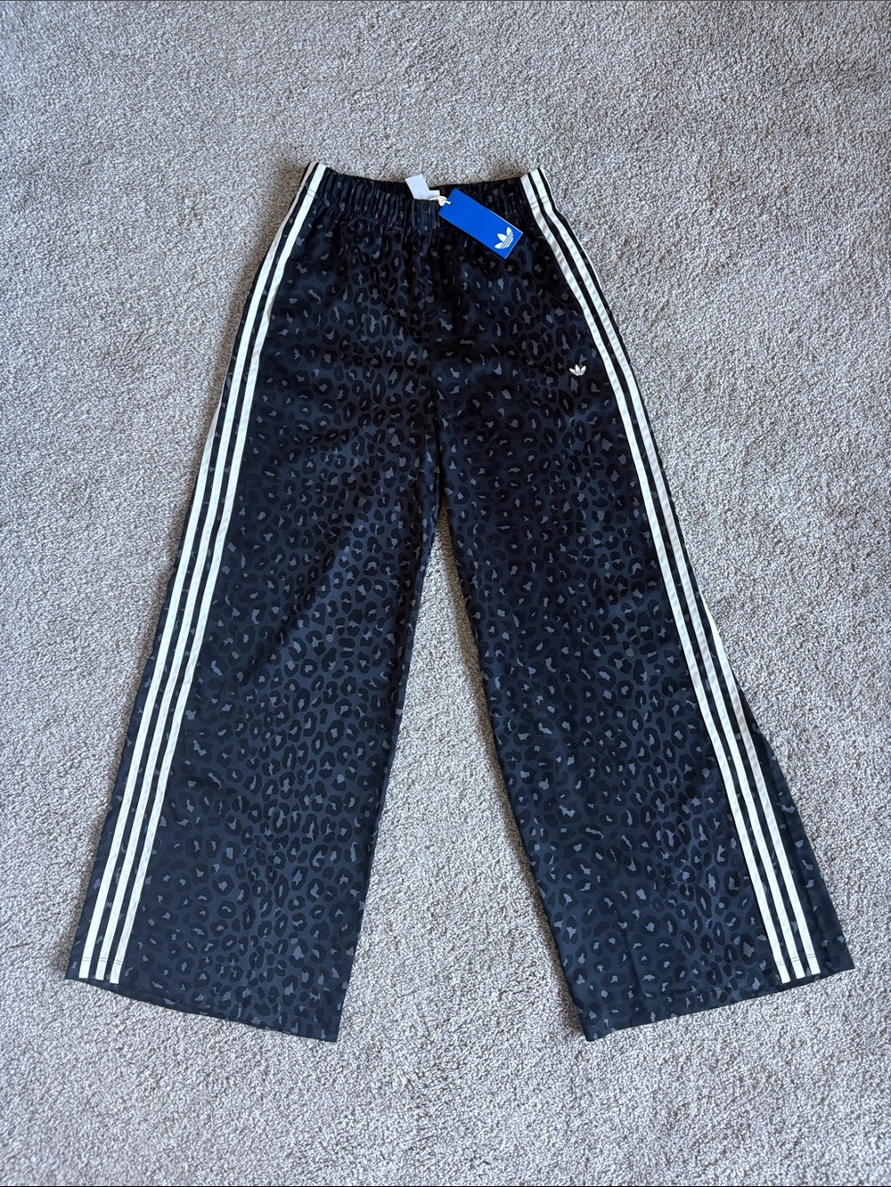 adidas Black Leopard-Print Women’s Track Pants with White Three-Stripes
